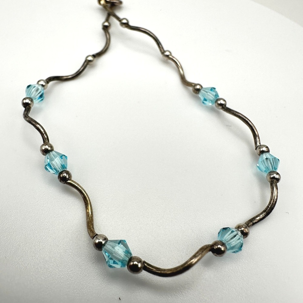 Vintage 90s Y2K Blue Crystal Beaded Wave Bracelet Silver Tone Boho Jewelry